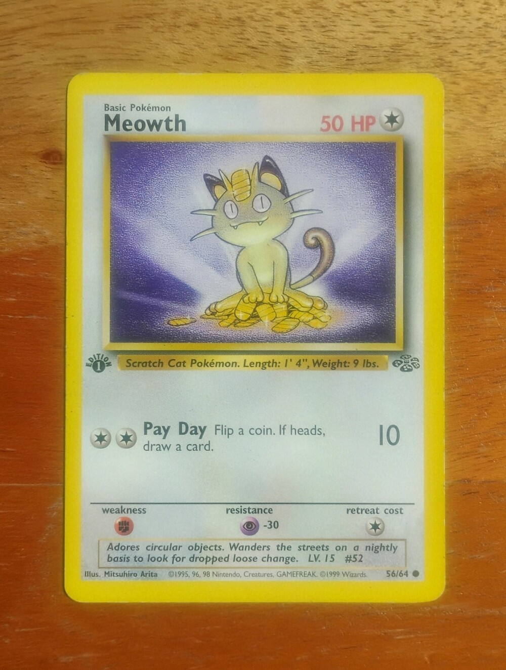LP WOTC 1999 1st Edition Meowth 56/64 Jungle Set Pokemon Card